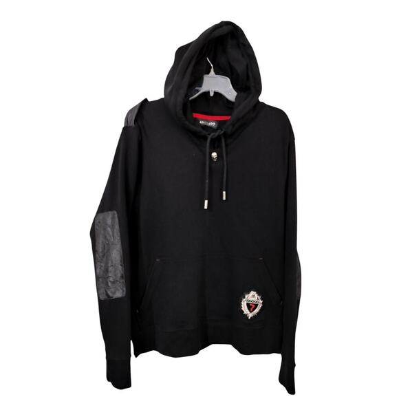 Anglero Other - M526) Anglero NY Black Skull Pullover Cotton Leather Trim Hoodie Size XL